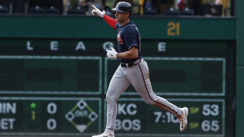 Aug 10, 2023; Pittsburgh, Pennsylvania, USA; Atlanta Braves first baseman Matt Olson (28) gestures as he circles the bases on a solo home run against the Pittsburgh Pirates during the third inning at PNC Park. Mandatory Credit: Charles LeClaire-USA TODAY Sports