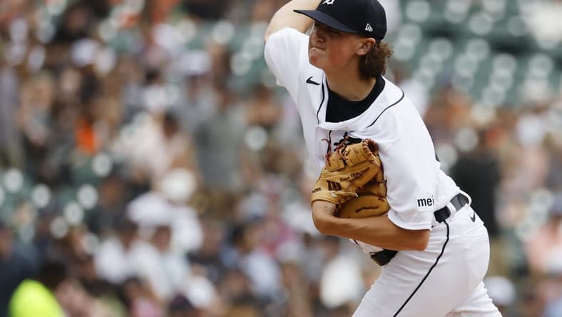 Aug 10, 2023; Detroit, Michigan, USA; Detroit Tigers starting pitcher Reese Olson (45) pitches in the second inning against the Minnesota Twins at Comerica Park. Mandatory Credit: Rick Osentoski-USA TODAY Sports
