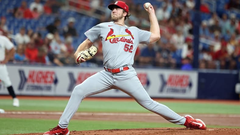 Aug 10, 2023; St. Petersburg, Florida, USA; St. Louis Cardinals starting pitcher Matthew Liberatore (52) throws a pitch against the Tampa Bay Rays during the second inning at Tropicana Field. Mandatory Credit: Kim Klement Neitzel-USA TODAY Sports