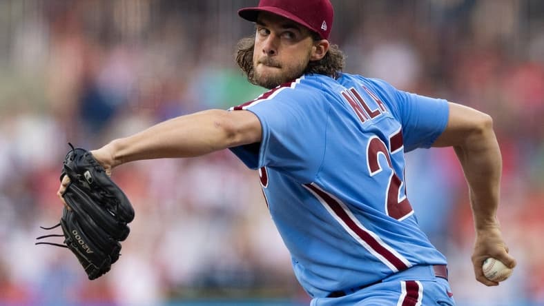 Aug 10, 2023; Philadelphia, Pennsylvania, USA; Philadelphia Phillies starting pitcher Aaron Nola (27) throws a pitch during the third inning against the Washington Nationals at Citizens Bank Park. Mandatory Credit: Bill Streicher-USA TODAY Sports
