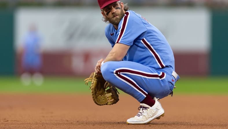 Aug 10, 2023; Philadelphia, Pennsylvania, USA; Philadelphia Phillies designated hitter Bryce Harper (3) looks on during a break in action in the first inning against the Washington Nationals at Citizens Bank Park. Mandatory Credit: Bill Streicher-USA TODAY Sports
