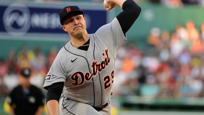 Aug 11, 2023; Boston, Massachusetts, USA; Detroit Tigers starting pitcher Tarik Skubal (29) pitches against the Boston Red Sox during the first inning at Fenway Park. Mandatory Credit: Eric Canha-USA TODAY Sports