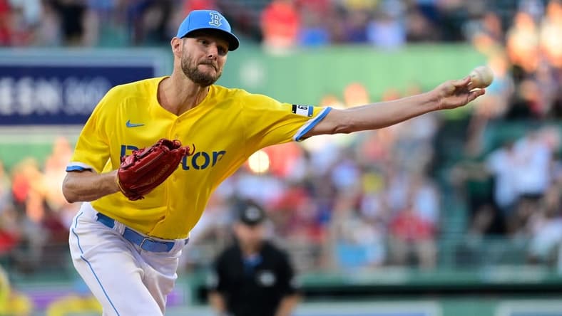 Aug 11, 2023; Boston, Massachusetts, USA; Boston Red Sox starting pitcher Chris Sale (41) pitches against the Detroit Tigers during the first inning at Fenway Park. Mandatory Credit: Eric Canha-USA TODAY Sports