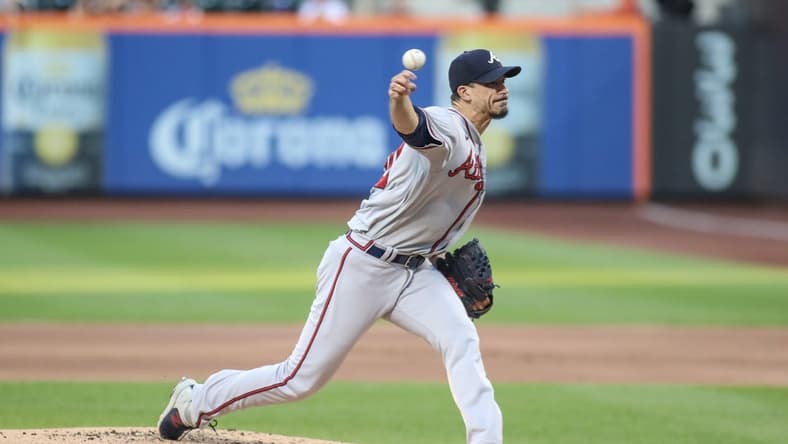 Aug 11, 2023; New York City, New York, USA;  Atlanta Braves starting pitcher Charlie Morton (50) pitches in the first inning against the New York Mets at Citi Field. Mandatory Credit: Wendell Cruz-USA TODAY Sports