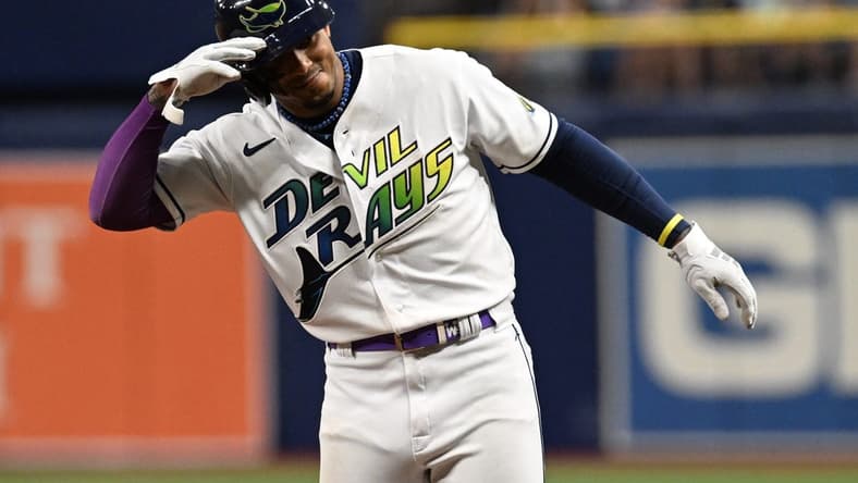Aug 11, 2023; St. Petersburg, Florida, USA; Tampa Bay Rays shortstop Wander Franco (5) celebrates after hitting a two run single in the third inning  against the Cleveland Guardians at Tropicana Field. Mandatory Credit: Jonathan Dyer-USA TODAY Sports