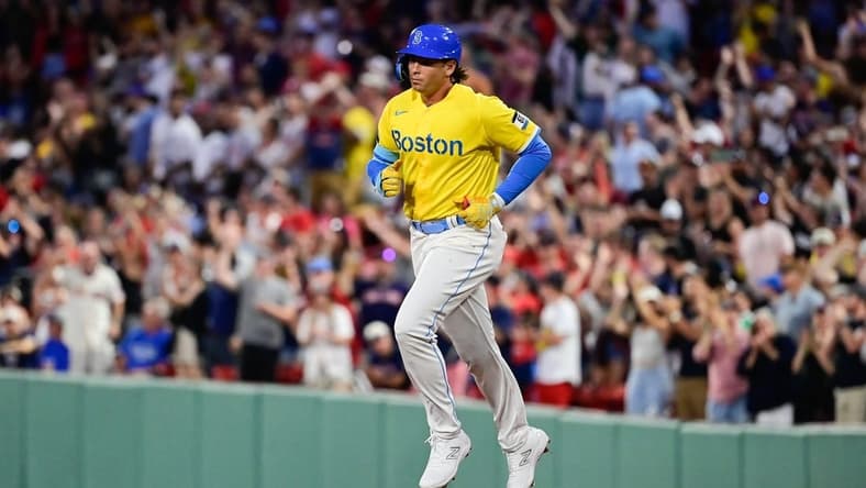 Aug 11, 2023; Boston, Massachusetts, USA; Boston Red Sox first baseman Triston Casas (36) runs the bases after hitting a two run home run during the fourth inning against the Detroit Tigers at Fenway Park. Mandatory Credit: Eric Canha-USA TODAY Sports