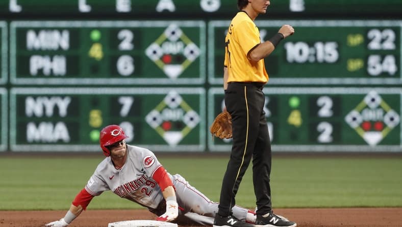 Aug 11, 2023; Pittsburgh, Pennsylvania, USA; Cincinnati Reds center fielder TJ Friedl (29) steals second base without drawing a throw from the Pittsburgh Pirates during the fourth inning at PNC Park. Mandatory Credit: Charles LeClaire-USA TODAY Sports
