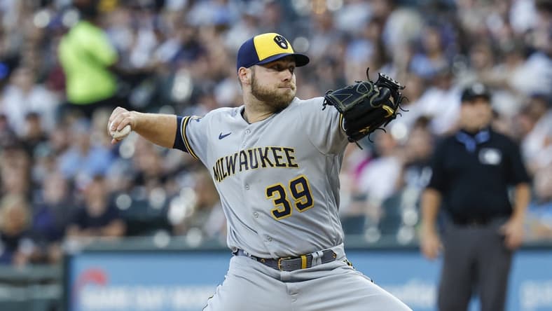 Aug 11, 2023; Chicago, Illinois, USA; Milwaukee Brewers starting pitcher Corbin Burnes (39) delivers a pitch against the Chicago White Sox during the first inning at Guaranteed Rate Field. Mandatory Credit: Kamil Krzaczynski-USA TODAY Sports