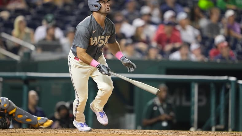 Aug 11, 2023; Washington, District of Columbia, USA;  Washington Nationals second baseman Jake Alu (39) watches his home run against the Oakland Athletics during the eighth inning at Nationals Park. Mandatory Credit: Gregory Fisher-USA TODAY Sports