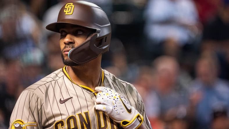Aug 11, 2023; Phoenix, Arizona, USA; San Diego Padres infielder Xander Bogaerts (2) watches from the batters box in the third inning against the Arizona Diamondbacks at Chase Field. Mandatory Credit: Allan Henry-USA TODAY Sports