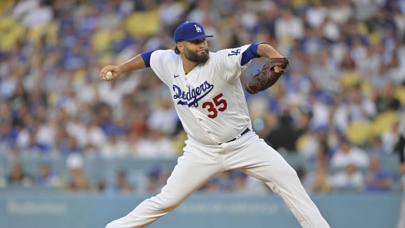 Aug 11, 2023; Los Angeles, California, USA;  Los Angeles Dodgers starting pitcher Lance Lynn (35) delivers in the first inning against the Colorado Rockies at Dodger Stadium. Mandatory Credit: Jayne Kamin-Oncea-USA TODAY Sports