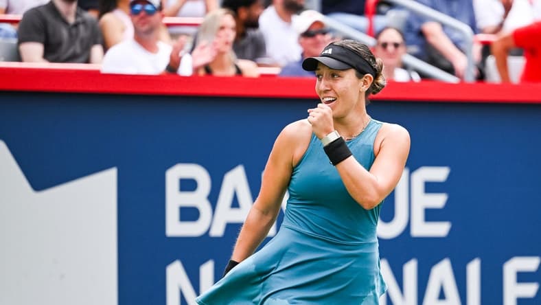 Aug 12, 2023; Montreal, Quebec, Canada; Jessica Pegula (USA) reacts after her win against Iga Swiatek (POL) (not pictured) after semi final play at IGA Stadium. Mandatory Credit: David Kirouac-USA TODAY Sports