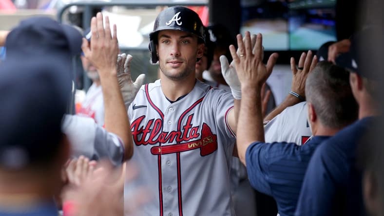 Aug 12, 2023; New York City, New York, USA; Atlanta Braves first baseman Matt Olson (28) celebrates his three run home run against the New York Mets during the sixth inning at Citi Field. Mandatory Credit: Brad Penner-USA TODAY Sports