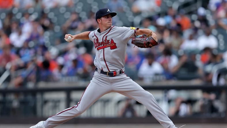 Aug 12, 2023; New York City, New York, USA; Atlanta Braves relief pitcher Allan Winans (72) pitches against the New York Mets during the seventh inning at Citi Field. Mandatory Credit: Brad Penner-USA TODAY Sports