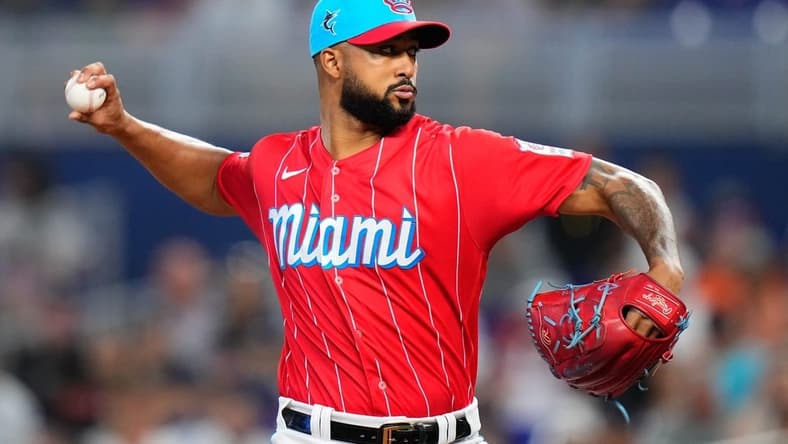Aug 12, 2023; Miami, Florida, USA; Miami Marlins starting pitcher Sandy Alcantara (22) throws a pitch against the New York Yankees during the first inning at loanDepot Park. Mandatory Credit: Rich Storry-USA TODAY Sports