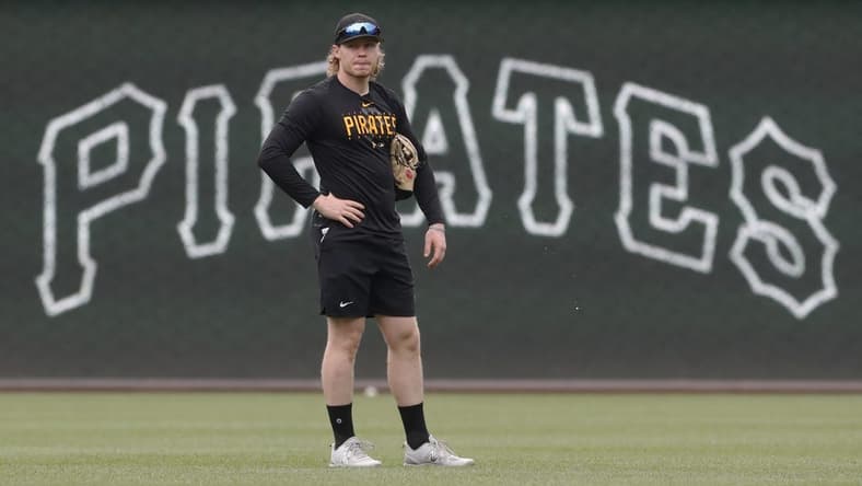 Aug 12, 2023; Pittsburgh, Pennsylvania, USA; Pittsburgh Pirates center fielder Jack Suwinski (65) looks on before the game against the Cincinnati Reds at PNC Park. Mandatory Credit: Charles LeClaire-USA TODAY Sports