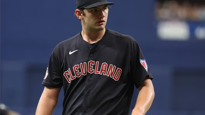 Aug 12, 2023; St. Petersburg, Florida, USA;  Cleveland Guardians starting pitcher Gavin Williams (63) looks on after the first inning against the Tampa Bay Rays at Tropicana Field. Mandatory Credit: Kim Klement Neitzel-USA TODAY Sports