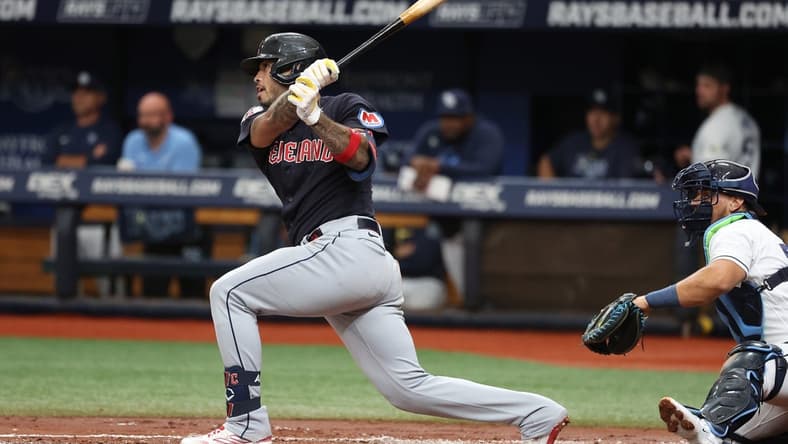 Aug 12, 2023; St. Petersburg, Florida, USA; Cleveland Guardians right fielder Gabriel Arias (13) singles against the Tampa Bay Rays during the second inning at Tropicana Field. Mandatory Credit: Kim Klement Neitzel-USA TODAY Sports