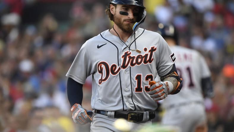 Aug 12, 2023; Boston, Massachusetts, USA;  Detroit Tigers catcher Eric Haase (13) heads to the dugout after hitting a home run against the Boston Red Sox during the fifth inning at Fenway Park. Mandatory Credit: Bob DeChiara-USA TODAY Sports