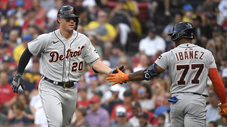 Aug 12, 2023; Boston, Massachusetts, USA; Detroit Tigers second baseman Andy Ibanez (77) congratulates first baseman Spencer Torkelson (20) after hitting a home run during the sixth inning against the Boston Red Sox at Fenway Park. Mandatory Credit: Bob DeChiara-USA TODAY Sports
