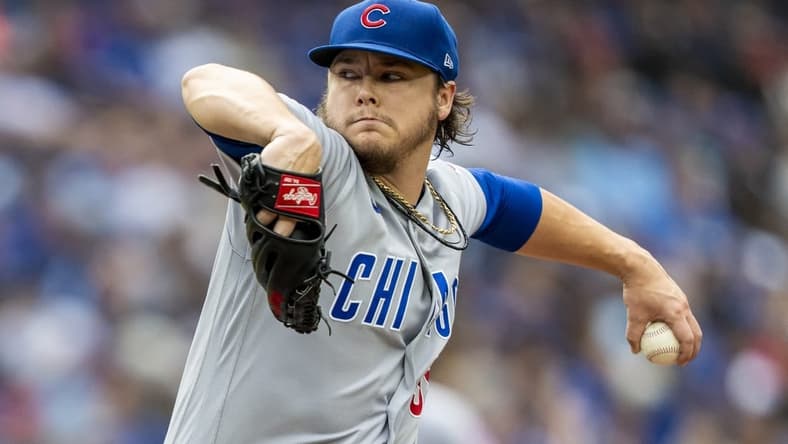 Aug 12, 2023; Toronto, Ontario, CAN; Chicago Cubs starting pitcher Justin Steele (35) pitches to the Toronto Blue Jays during the second inning at Rogers Centre. Mandatory Credit: Kevin Sousa-USA TODAY Sports