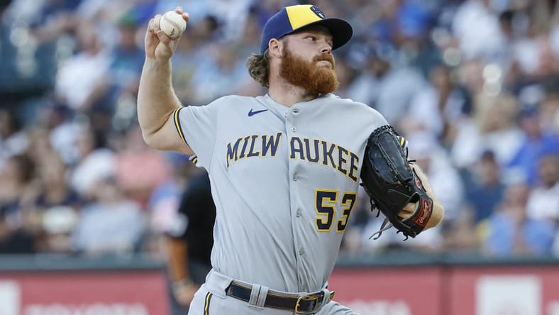 Aug 12, 2023; Chicago, Illinois, USA; Milwaukee Brewers starting pitcher Brandon Woodruff (53) delivers a pitch against the Chicago White Sox during the first inning at Guaranteed Rate Field. Mandatory Credit: Kamil Krzaczynski-USA TODAY Sports