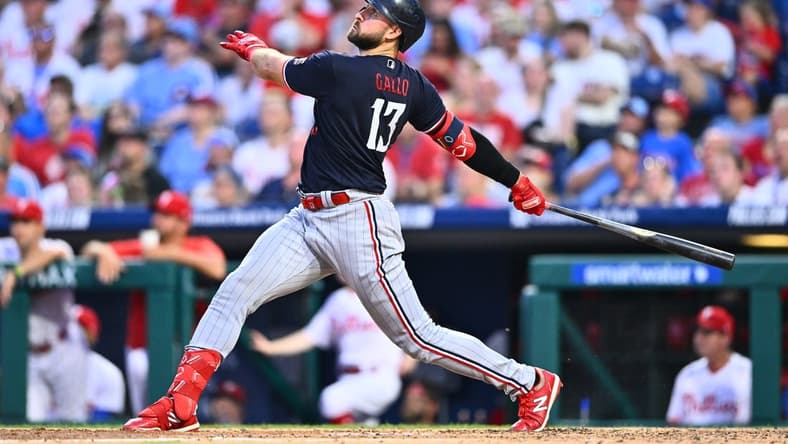 Aug 12, 2023; Philadelphia, Pennsylvania, USA; Minnesota Twins first baseman Joey Gallo (13) hits a home run against the Philadelphia Phillies in the fourth inning at Citizens Bank Park. Mandatory Credit: Kyle Ross-USA TODAY Sports