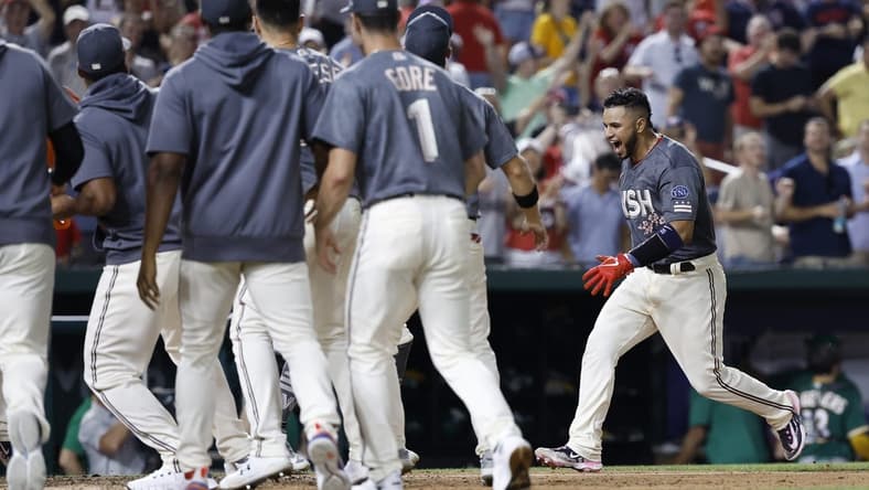 Aug 12, 2023; Washington, District of Columbia, USA; Washington Nationals catcher Keibert Ruiz (20) prepares to cross home plate after hitting a walk off home run against the Oakland Athletics during the ninth inning at Nationals Park. Mandatory Credit: Geoff Burke-USA TODAY Sports