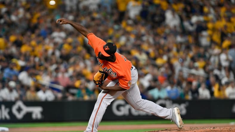 Aug 12, 2023; Seattle, Washington, USA; Baltimore Orioles relief pitcher Felix Bautista (74) pitches to the Seattle Mariners during the ninth inning at T-Mobile Park. Mandatory Credit: Steven Bisig-USA TODAY Sports