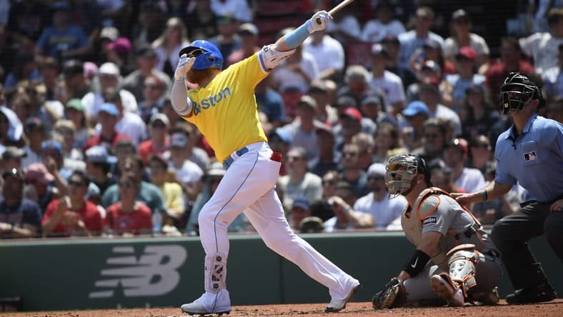 Aug 13, 2023; Boston, Massachusetts, USA;  Boston Red Sox designated hitter Justin Turner (2) hits a home run during the third inning against the Detroit Tigers at Fenway Park. Mandatory Credit: Bob DeChiara-USA TODAY Sports