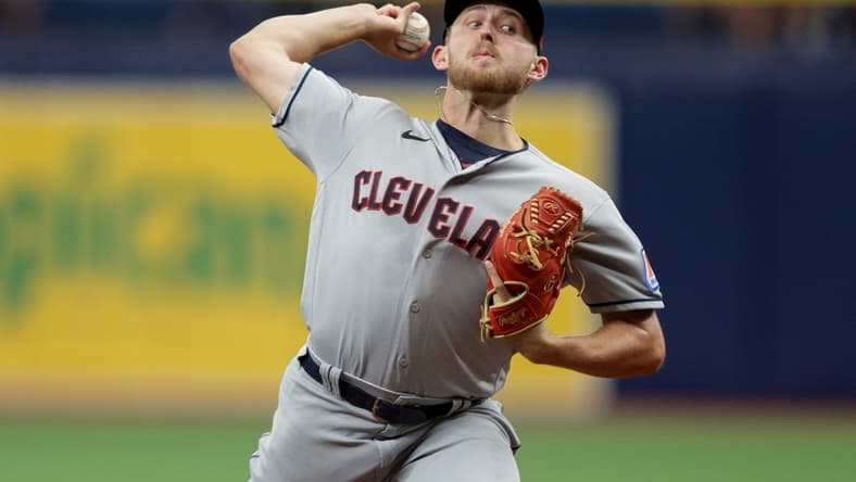 Aug 13, 2023; St. Petersburg, Florida, USA;  Cleveland Guardians starting pitcher Tanner Bibee (61) throws a pitch against the Tampa Bay Rays in the first inning at Tropicana Field. Mandatory Credit: Nathan Ray Seebeck-USA TODAY Sports