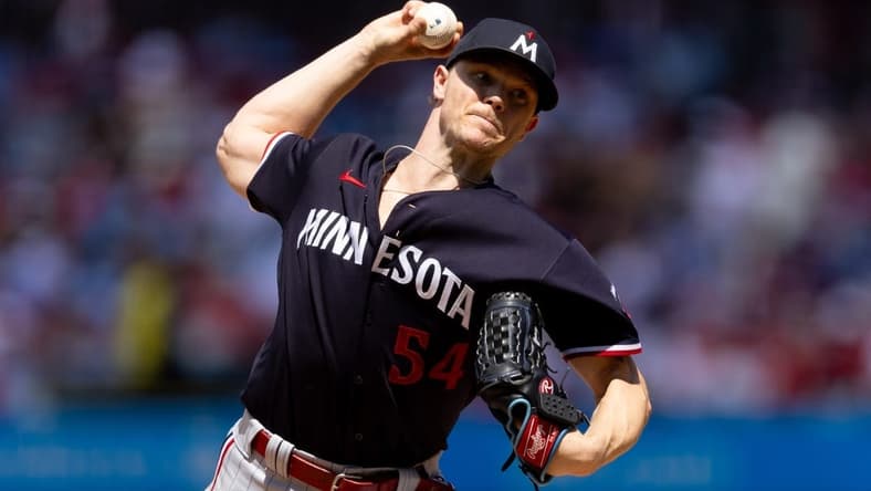 Aug 13, 2023; Philadelphia, Pennsylvania, USA; Minnesota Twins starting pitcher Sonny Gray (54) throws a pitch during the second inning against the Philadelphia Phillies at Citizens Bank Park. Mandatory Credit: Bill Streicher-USA TODAY Sports