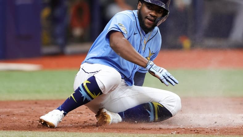 Aug 13, 2023; St. Petersburg, Florida, USA;  Tampa Bay Rays shortstop Oslevivis Basabe (37) scores a run against the Cleveland Guardians in the third inning at Tropicana Field. Mandatory Credit: Nathan Ray Seebeck-USA TODAY Sports
