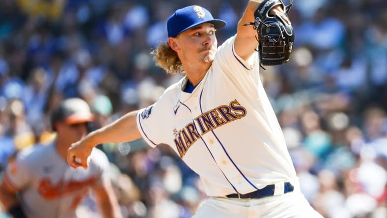 Aug 13, 2023; Seattle, Washington, USA; Seattle Mariners starting pitcher Bryce Miller (50) throws against the Seattle Mariners during the third inning at T-Mobile Park. Mandatory Credit: Joe Nicholson-USA TODAY Sports