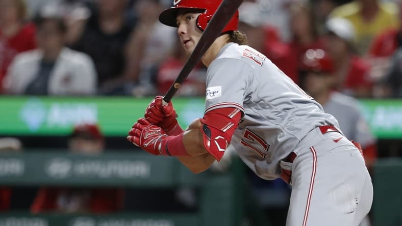 Aug 13, 2023; Pittsburgh, PA, USA; Cincinnati Reds pinch hitter Stuart Fairchild (17) hits an RBI double against the Pittsburgh Pirates during the eighth inning at PNC Park. Mandatory Credit: Charles LeClaire-USA TODAY Sports