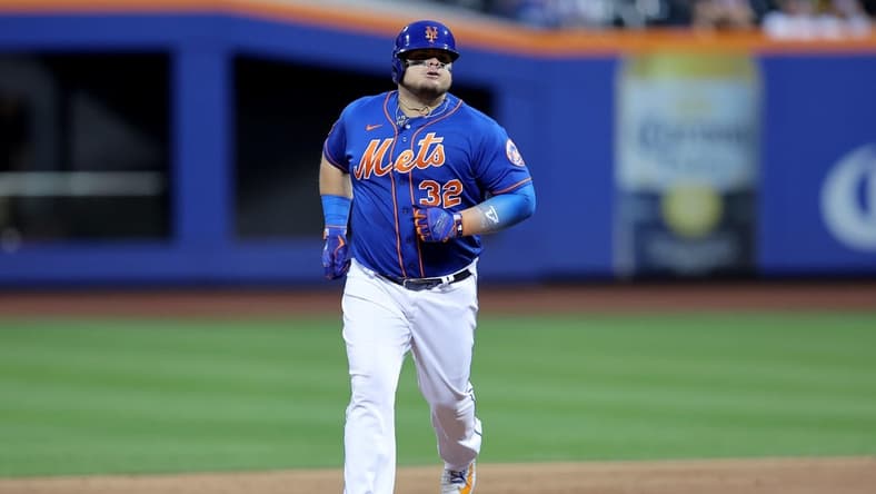 Aug 14, 2023; New York City, New York, USA; New York Mets designated hitter Daniel Vogelbach (32) rounds the bases after hitting a solo home run against the Pittsburgh Pirates during the second inning at Citi Field. Mandatory Credit: Brad Penner-USA TODAY Sports