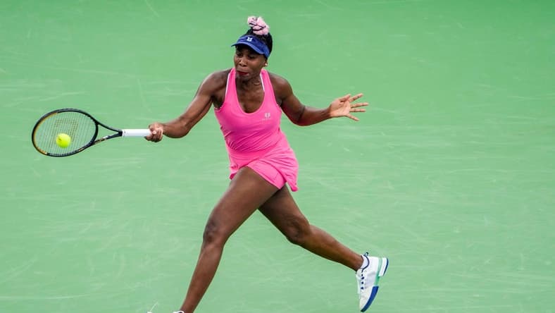 Aug 14, 2023; Mason, OH, USA; Venus Williams concentrates on her shot as she faces Veronika Kudermetova during round one of the Western & Southern Open at the Lindner Family Tennis Center in Mason Monday, August, 14, 2023. Mandatory Credit: Cara Owsley-USA TODAY Sports