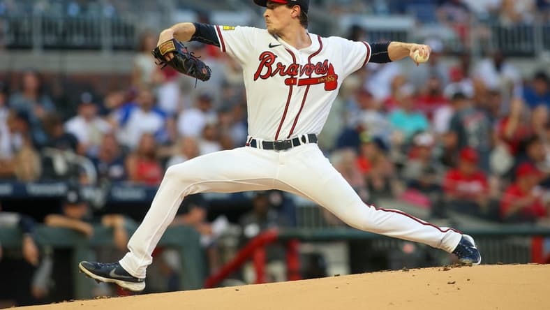 Aug 14, 2023; Atlanta, Georgia, USA; Atlanta Braves starting pitcher Max Fried (54) throws against the New York Yankees in the first inning at Truist Park. Mandatory Credit: Brett Davis-USA TODAY Sports