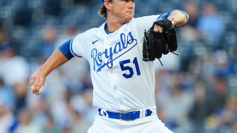Aug 14, 2023; Kansas City, Missouri, USA; Kansas City Royals starting pitcher Brady Singer (51) pitches during the first inning against the Seattle Mariners at Kauffman Stadium. Mandatory Credit: Jay Biggerstaff-USA TODAY Sports