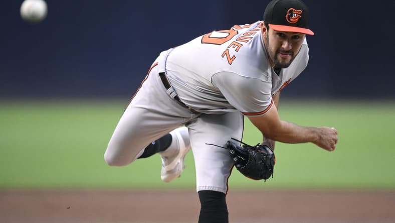 Aug 14, 2023; San Diego, California, USA; Baltimore Orioles starting pitcher Grayson Rodriguez (30) throws a pitch against the San Diego Padres during the first inning at Petco Park. Mandatory Credit: Orlando Ramirez-USA TODAY Sports