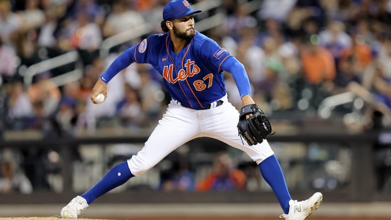 Aug 14, 2023; New York City, New York, USA; New York Mets relief pitcher Tyson Miller (67) pitches against the Pittsburgh Pirates during the fourth inning at Citi Field. Mandatory Credit: Brad Penner-USA TODAY Sports