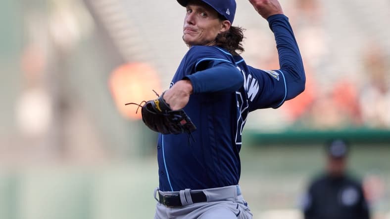 Aug 14, 2023; San Francisco, California, USA; Tampa Bay Rays starting pitcher Tyler Glasnow (20) throws a pitch against the San Francisco Giants during the first inning at Oracle Park. Mandatory Credit: Robert Edwards-USA TODAY Sports