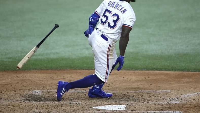 Aug 14, 2023; Arlington, Texas, USA; Texas Rangers right fielder Adolis Garcia (53) bats in the sixth inning against the Los Angeles Angels at Globe Life Field. Mandatory Credit: Tim Heitman-USA TODAY Sports
