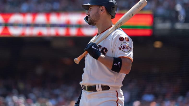 Aug 13, 2023; San Francisco, California, USA;  San Francisco Giants right fielder Michael Conforto (8) during the sixth inning against the Texas Rangers at Oracle Park. Mandatory Credit: Stan Szeto-USA TODAY Sports