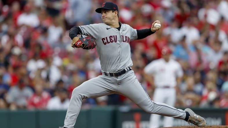 Aug 15, 2023; Cincinnati, Ohio, USA; Cleveland Guardians starting pitcher Logan Allen (41) pitches against the Cincinnati Reds in the first inning at Great American Ball Park. Mandatory Credit: Katie Stratman-USA TODAY Sports