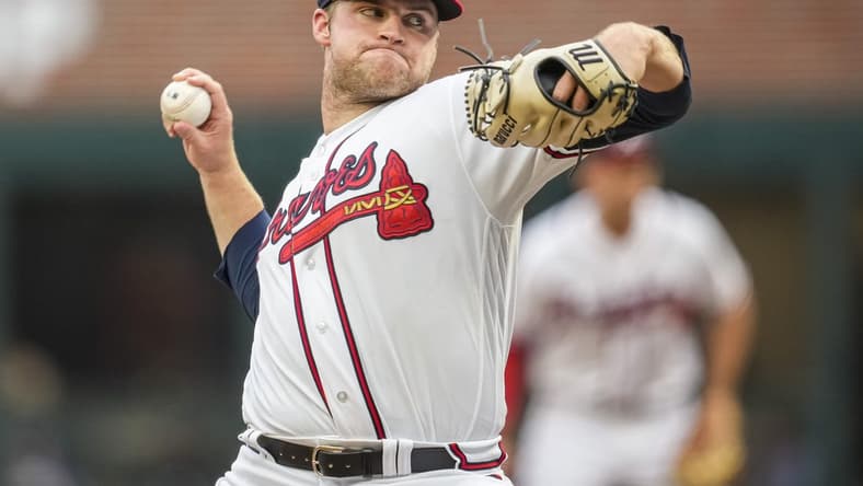 Aug 15, 2023; Cumberland, Georgia, USA; Atlanta Braves starting pitcher Bryce Elder (55) pitches against the New York Yankees during the first inning at Truist Park. Mandatory Credit: Dale Zanine-USA TODAY Sports