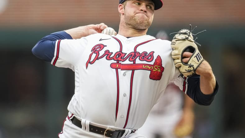 Aug 15, 2023; Cumberland, Georgia, USA; Atlanta Braves starting pitcher Bryce Elder (55) pitches against the New York Yankees during the first inning at Truist Park. Mandatory Credit: Dale Zanine-USA TODAY Sports