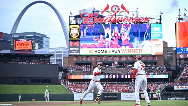 Aug 15, 2023; St. Louis, Missouri, USA;  St. Louis Cardinals third baseman Nolan Arenado (28) runs the bases after hitting a two run home run against the Oakland Athletics during the first inning at Busch Stadium. Mandatory Credit: Jeff Curry-USA TODAY Sports