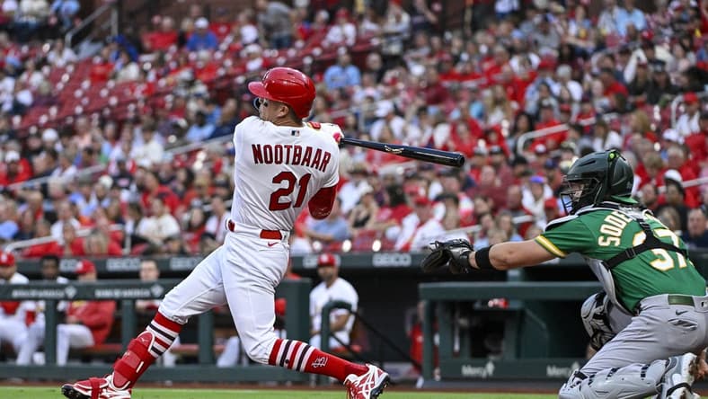 Aug 15, 2023; St. Louis, Missouri, USA;  St. Louis Cardinals center fielder Lars Nootbaar (21) hits a double against the Oakland Athletics during the second inning at Busch Stadium. Mandatory Credit: Jeff Curry-USA TODAY Sports