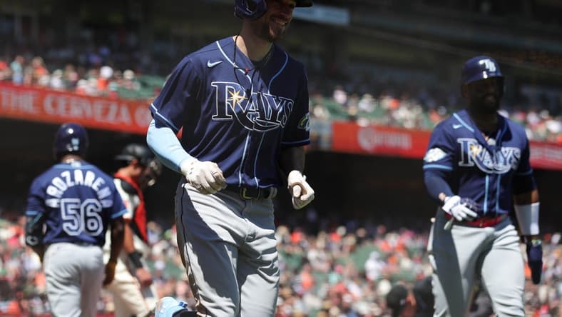 Aug 16, 2023; San Francisco, California, USA; Tampa Bay Rays second baseman Brandon Lowe (8) smiles after hitting a two run home run during the fifth inning against the San Francisco Giants at Oracle Park. Mandatory Credit: Sergio Estrada-USA TODAY Sports